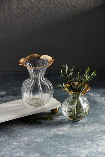 Lg Ruffled Gold Glass Vase
