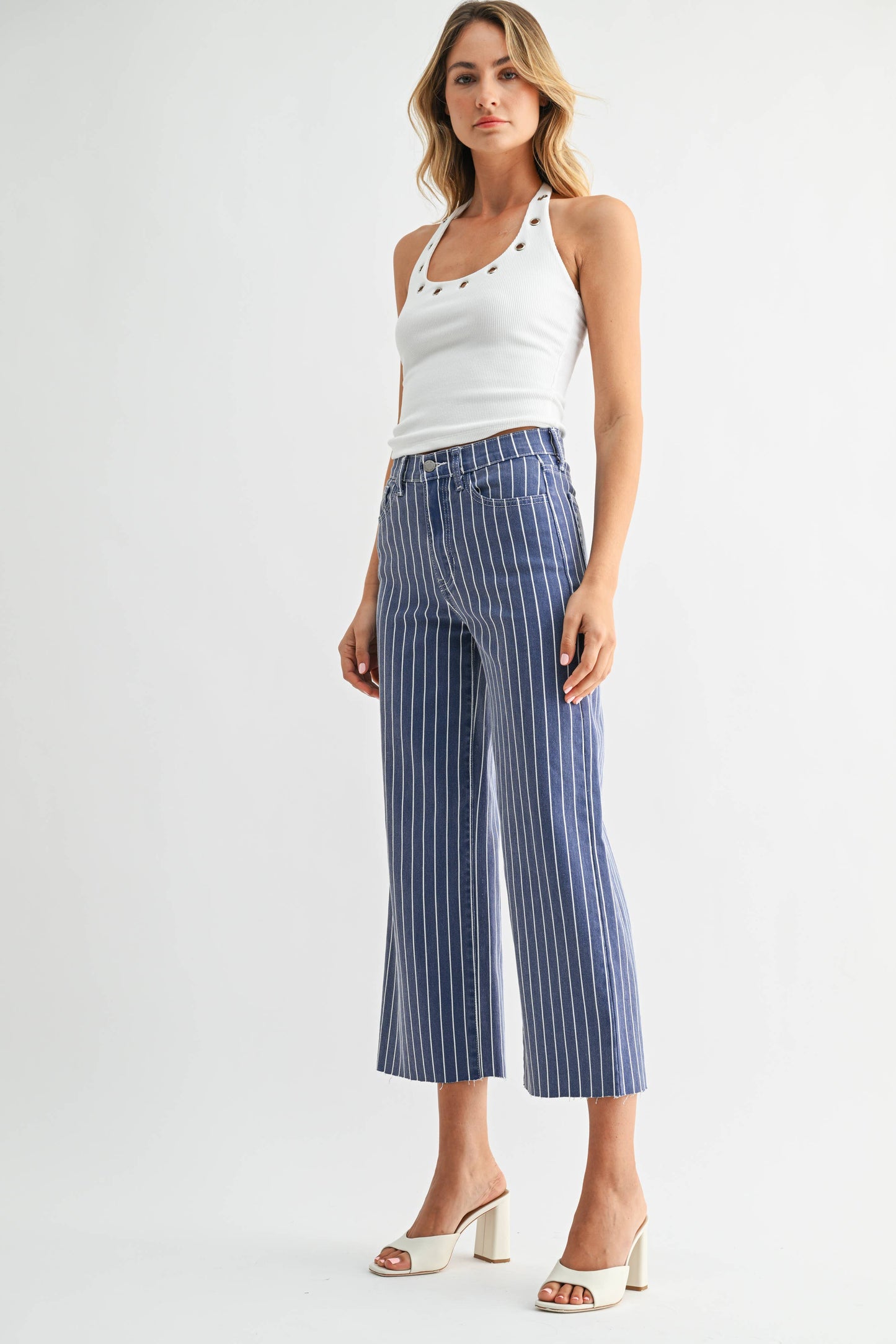Navy Stripe Scissor Cut Wide Leg