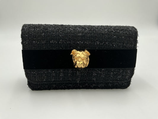 Coco Clutch-Black velvet stripe with bulldog