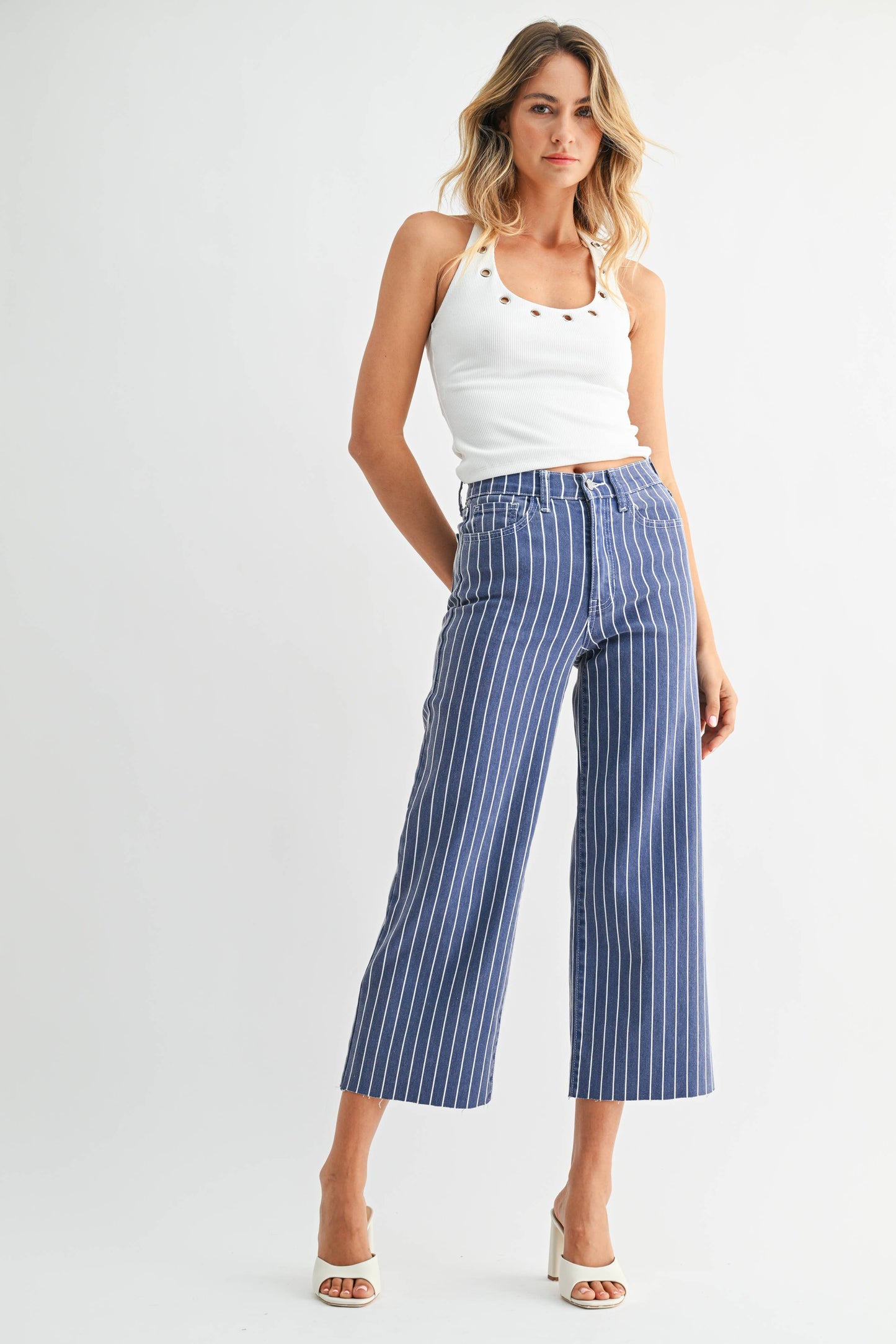 Navy Stripe Scissor Cut Wide Leg