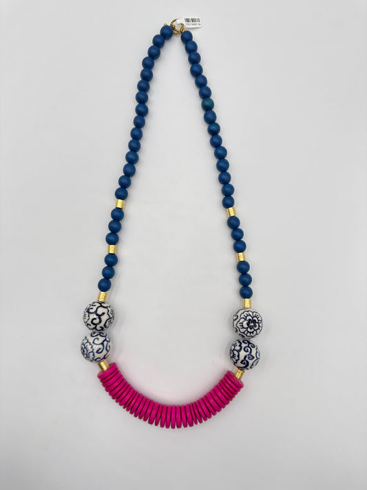 Blue/Pink Wood Bead Chinoiserie Necklace