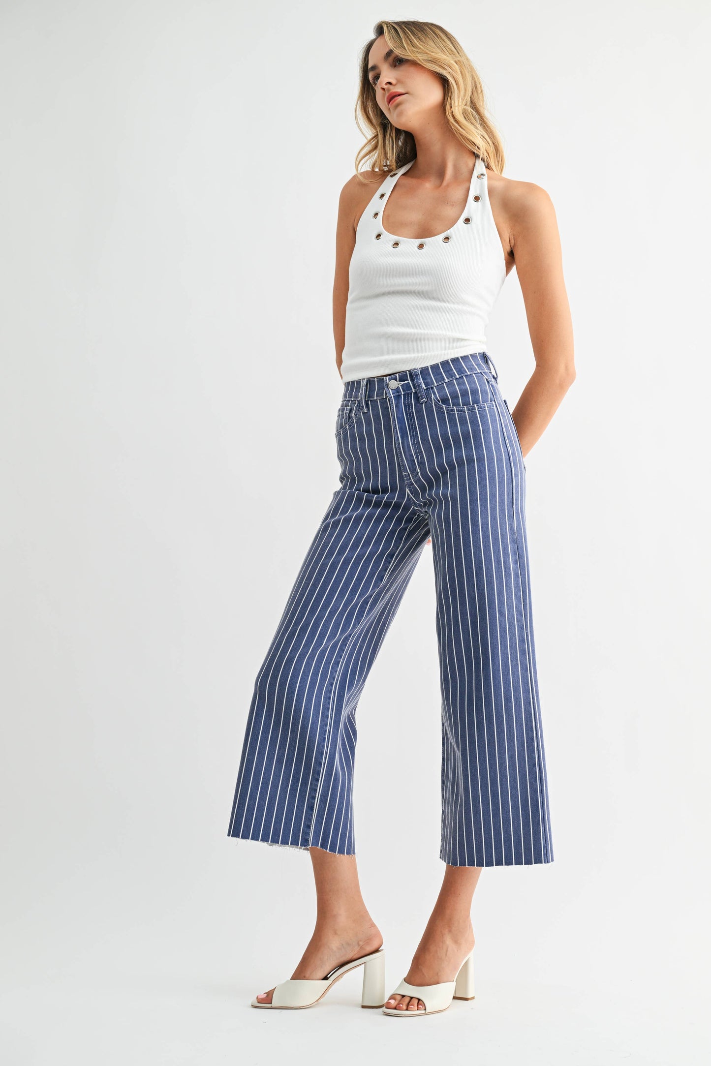 Navy Stripe Scissor Cut Wide Leg