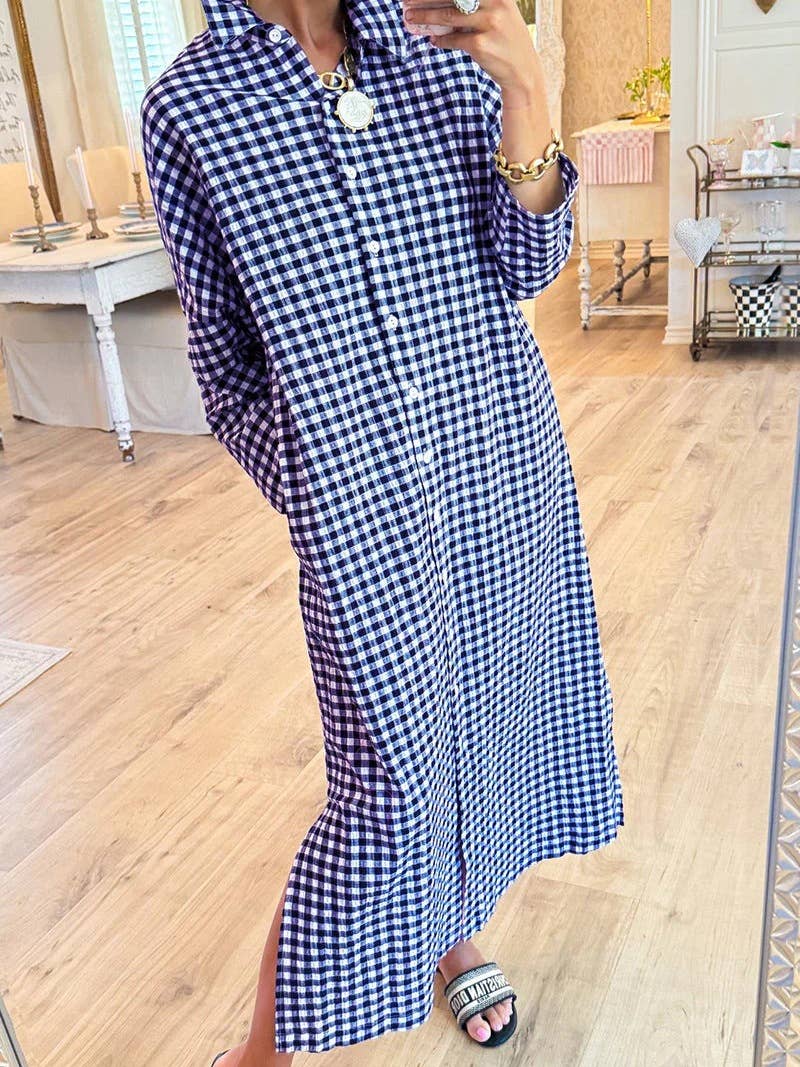 Gingham long  maxi shirt dress long sleeved dress