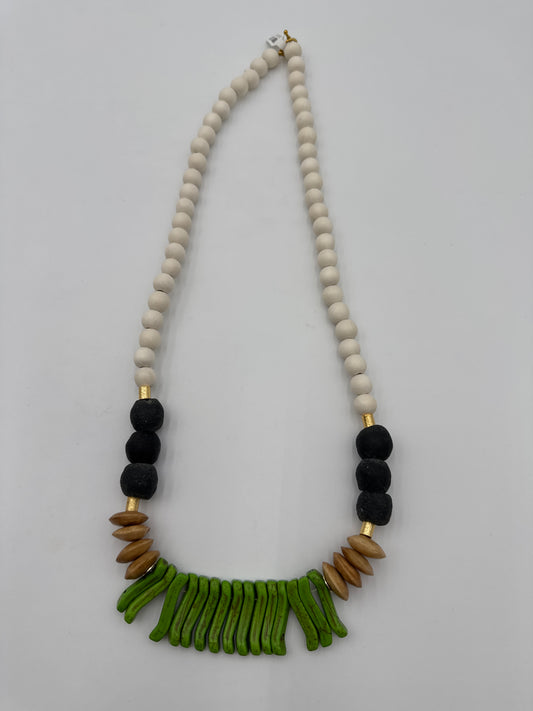 Green Bone Glass & Wood Bead Necklace