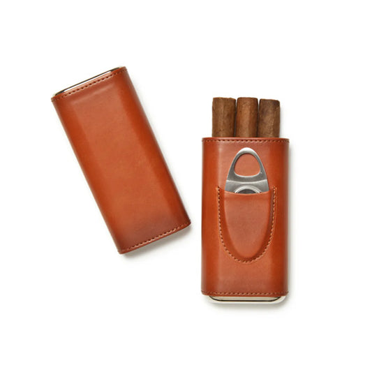Ashton 3-Cigar Leather Case with Cutter Brown