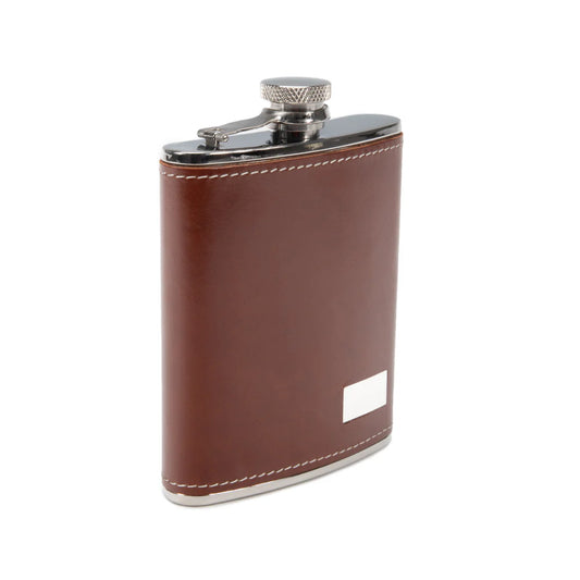 Keep it Personal Flask w/White Stitching 8oz Brown