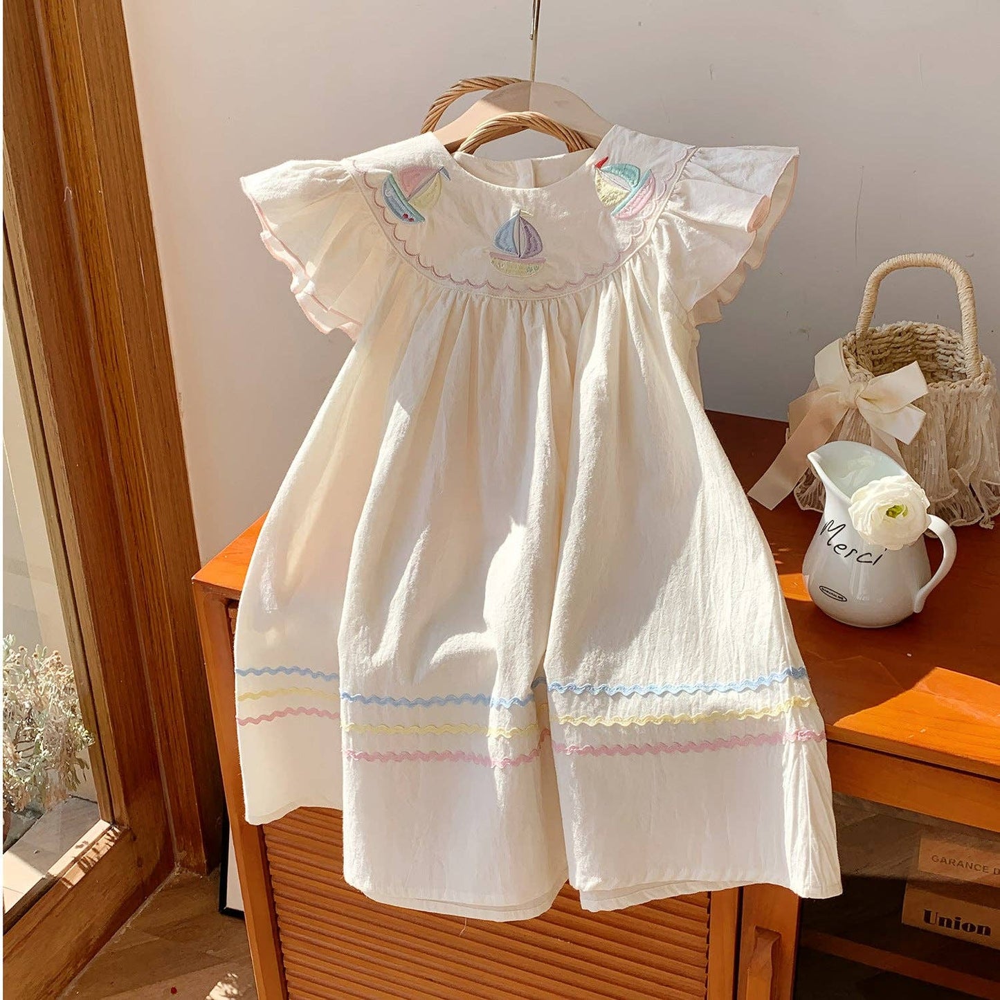 Rainbow Sailboat Embroidered Girls Dress