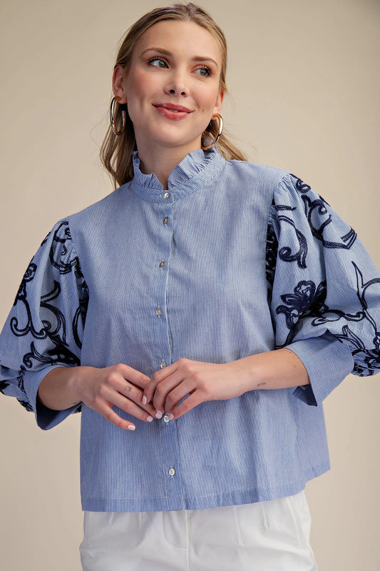 Ruffle Neck Embroidery Puff Sleeve Top