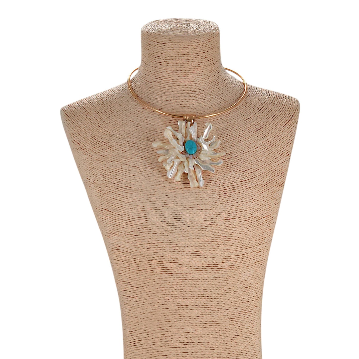 Chunky White Shell Flower and Turquoise Necklace