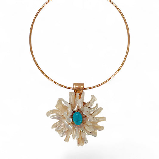 Chunky White Shell Flower and Turquoise Necklace