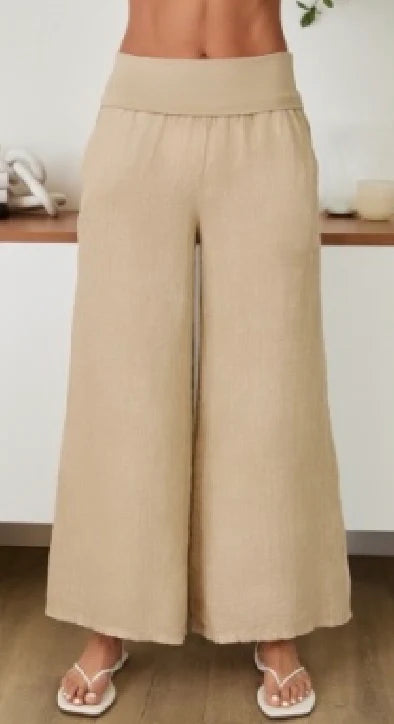 Fold Over Waist Palazzo Linen Pant in Earth Beige